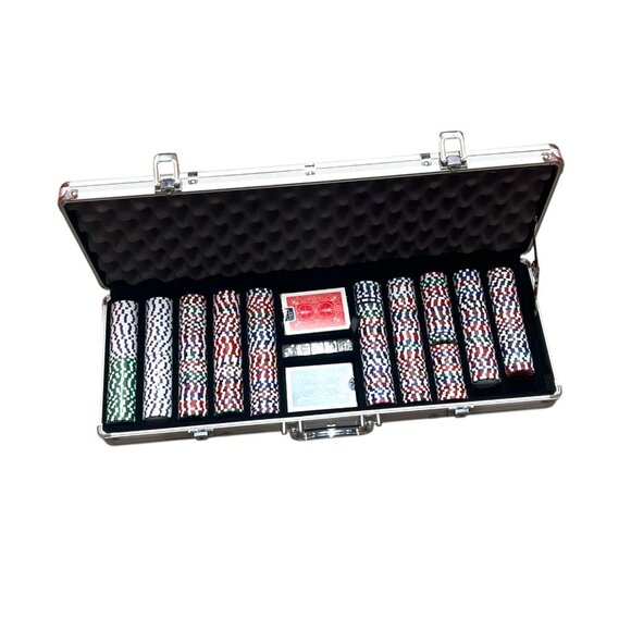 500-Piece Poker Chip Set With Aluminum Carrying Case Dealer Button & 2 Decks Of - Picture 1 of 5